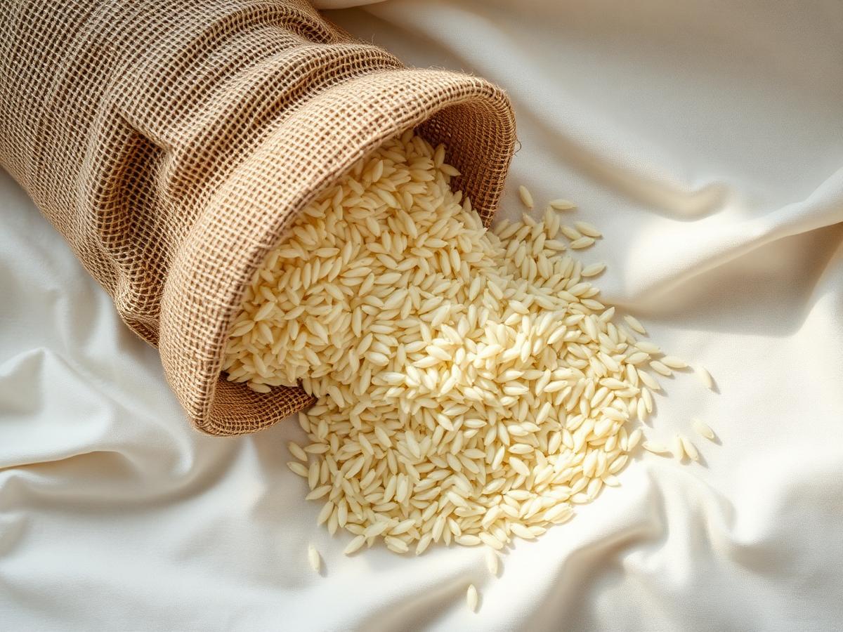 Green Agrow rice spilling from a woven sack