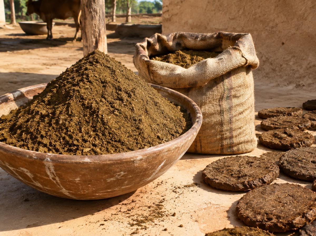 Sun-dried cow dung powder in a bowl and jute sack, with dung cakes drying in the sun