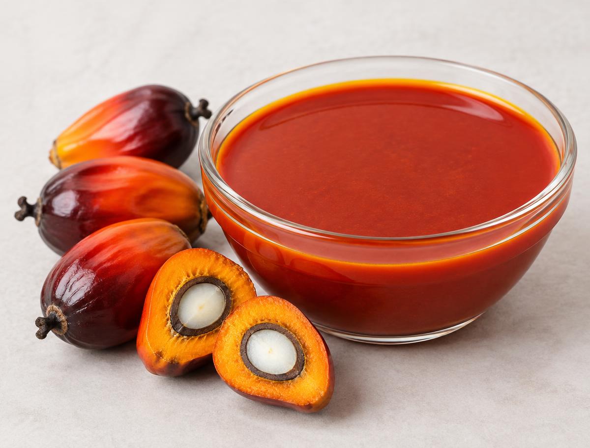 Illustration of reddish-orange crude palm oil in a glass bowl beside oil palm fruit