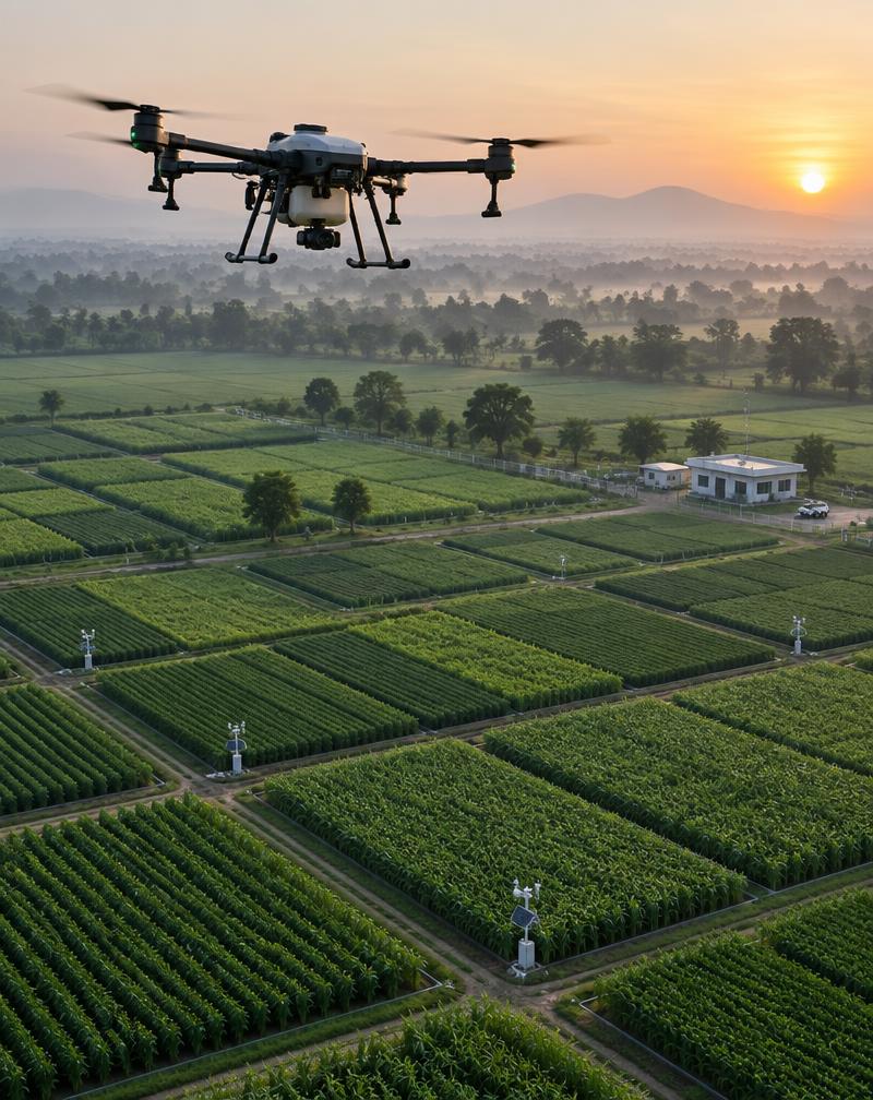 Agricultural drone operating over organised research fields