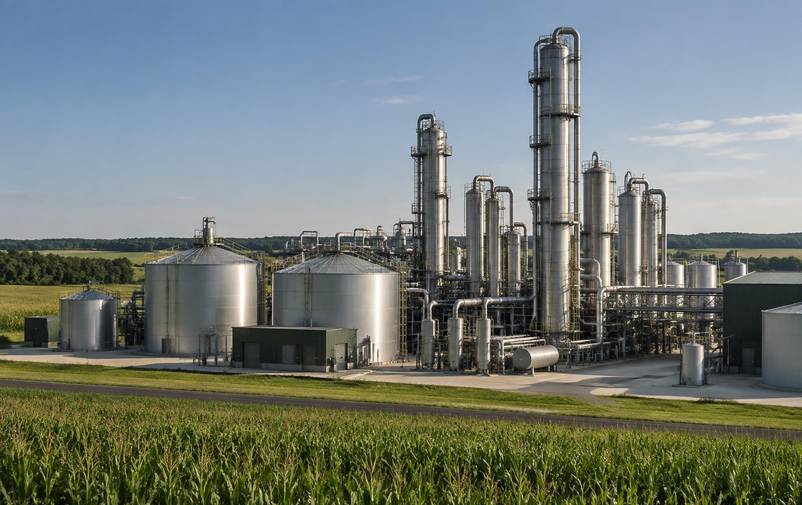 Stainless steel distillation columns at an ethanol production plant