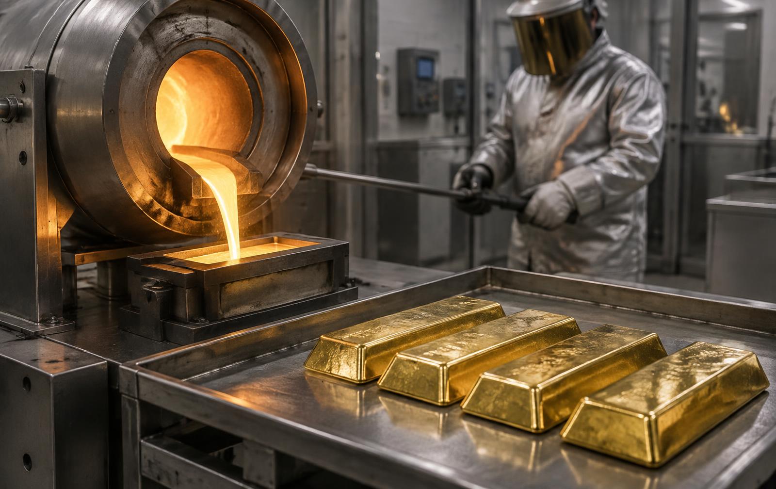 Molten gold being poured into bar moulds inside a refinery