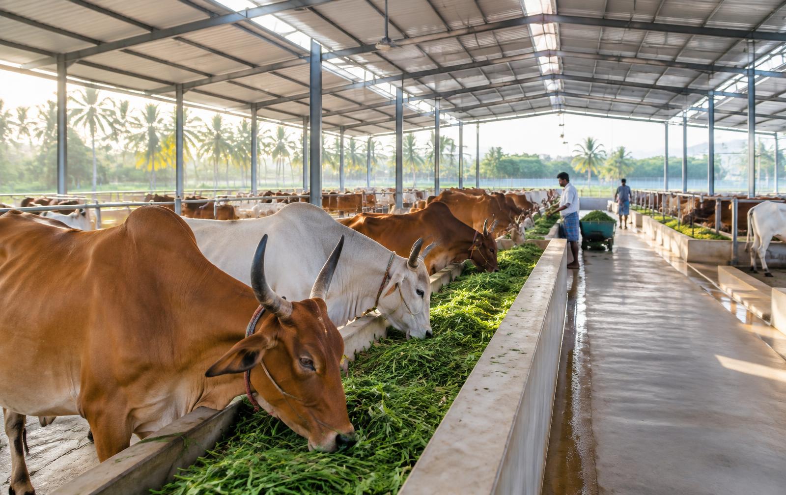 Native cows in a clean modern goshala
