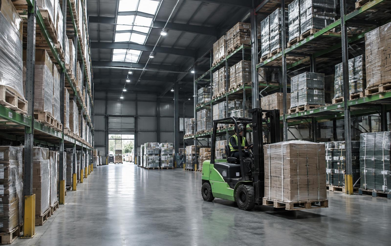 Interior of a modern high-bay logistics warehouse