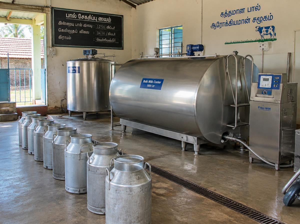 Bulk milk coolers and milk cans at a village chilling centre