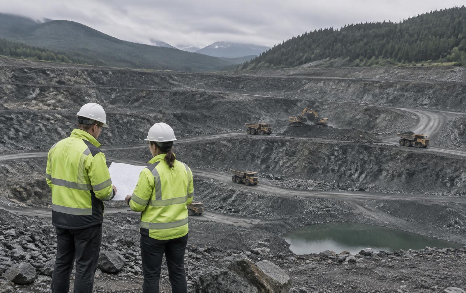 Engineers reviewing plans above an open-cast minerals site