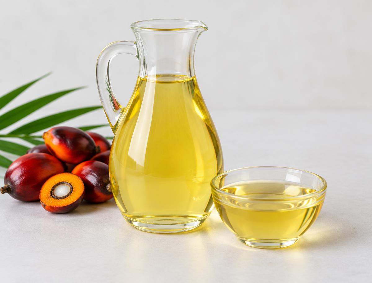 Illustration of pale golden refined palm oil in a glass carafe and bowl