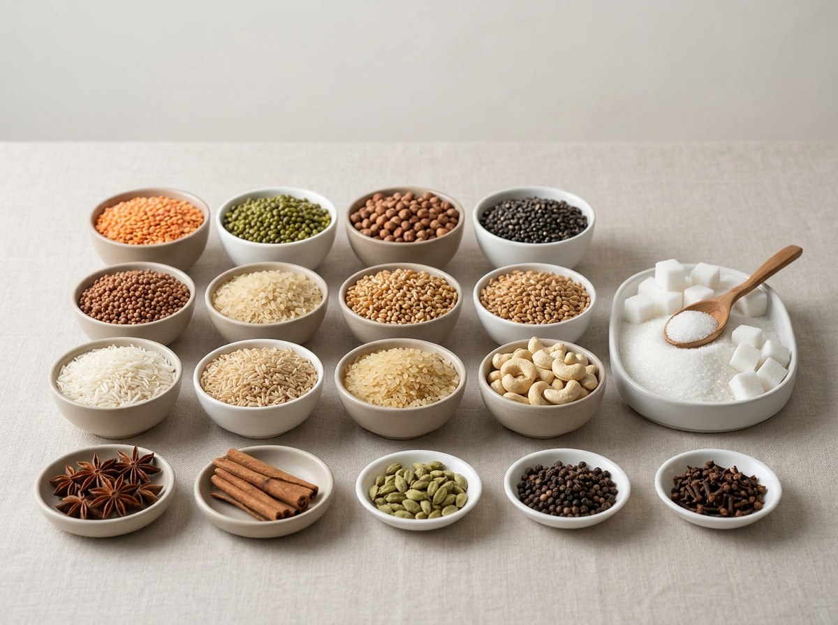 Illustrative assortment of pulses, rice, wheat, cashews, sugar and whole spices