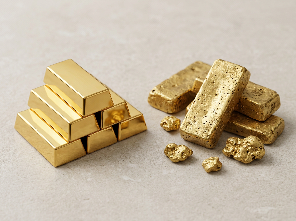 Illustration of polished gold bullion bars beside rough doré bars and nuggets