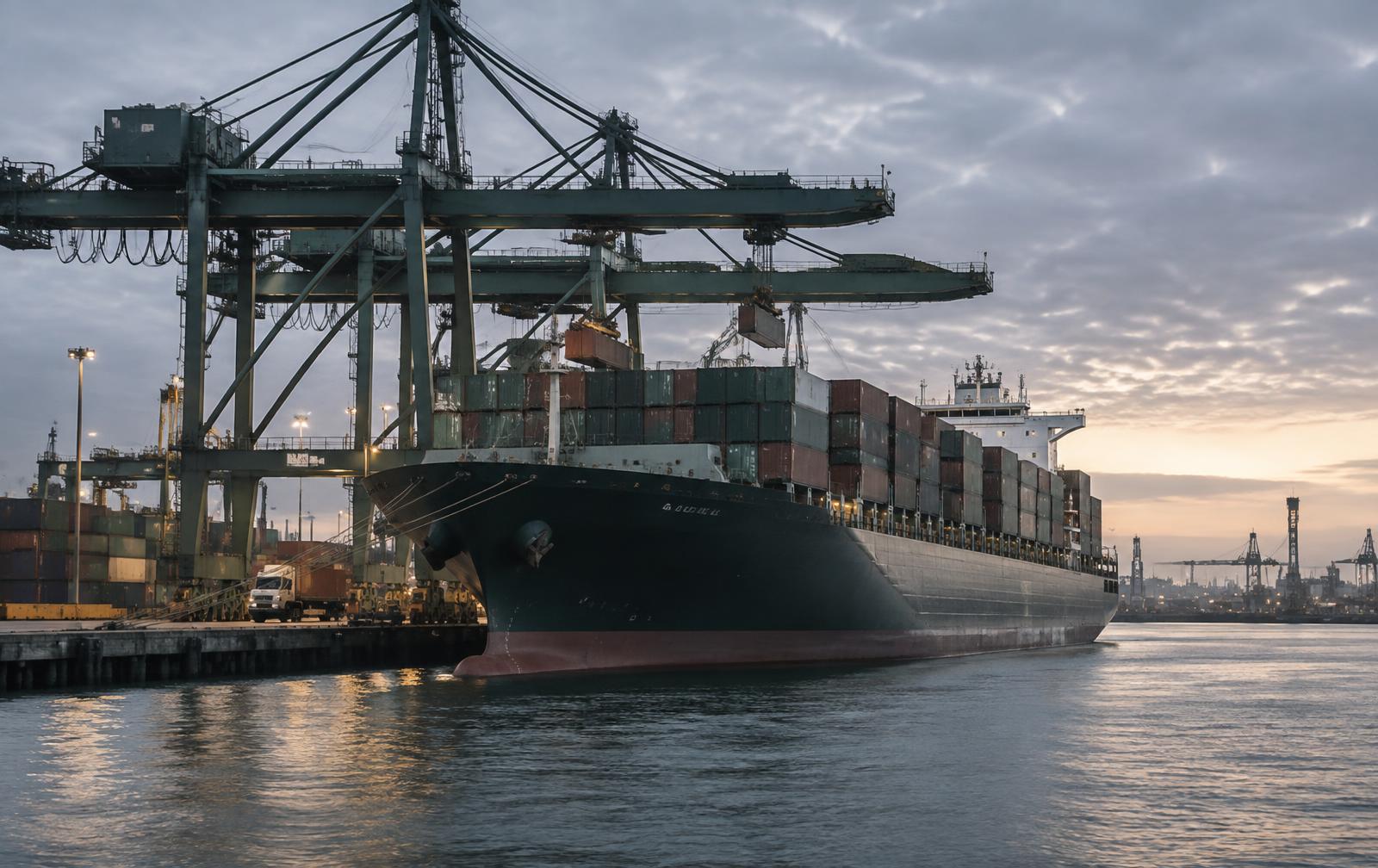 Container vessel loading at a modern port terminal at dawn